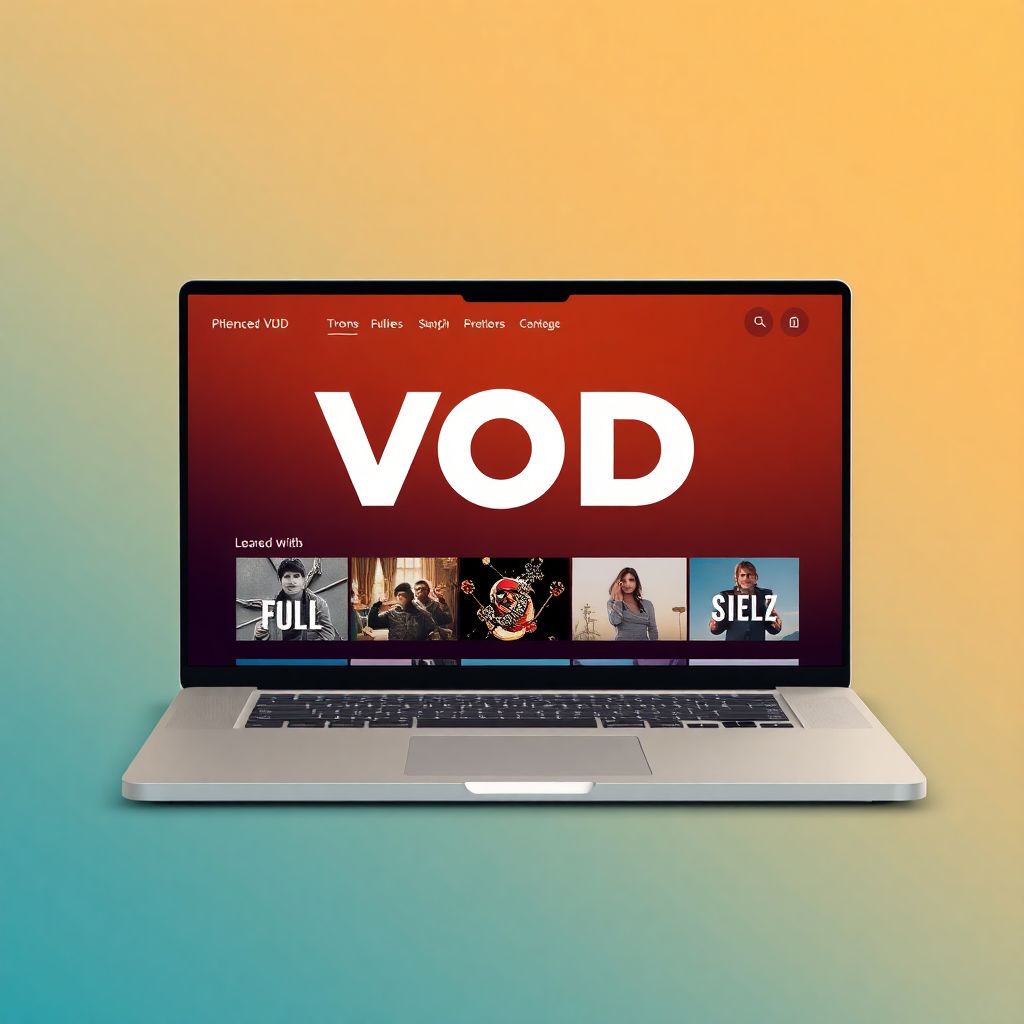 Modern branded VOD platform interface mockup on laptop screen, clean design, warm colors, professional UI